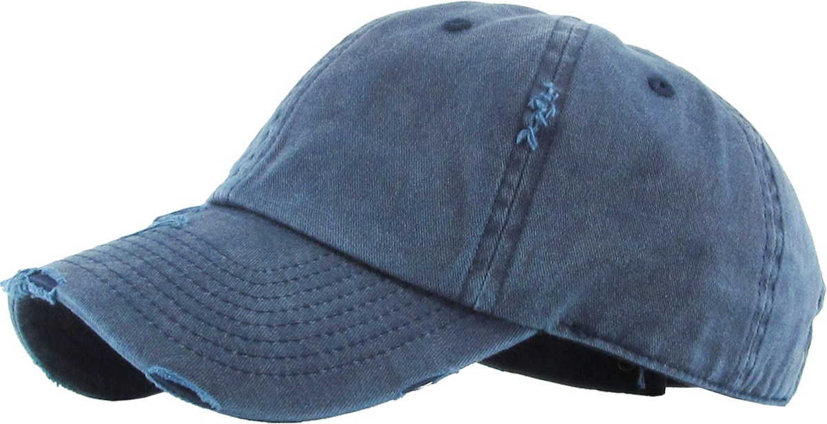 Pigment Washed Navy Blue Distressed Vintage Baseball Cap Side View